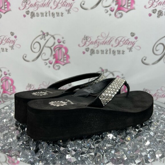 Yellow box wedge sandals flip flops rhinestone jewels Black and Silver Sandals - Picture 4 of 10